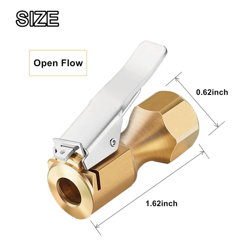 Heavy Duty Brass Air Chuck with Clip Adapter, Open Flow Straight Tire Chuck Air Nozzle, 1/4" FNPT Tyre Chuck for Tire Inflator Pressure Gauge Air Pump Compressor Accessories (Brass, 2 Pack) B-2Pack
