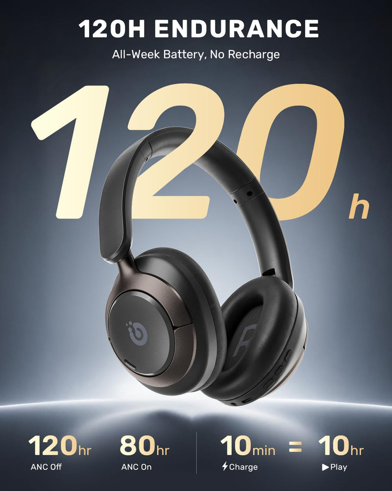 Boean Active Noise Cancelling Headphones, Bluetooth 6.0 Wireless Over Ear Headphones with 120H Playtime, 360° Spatial Audio & 5 ENC Mics, Soft Memory Foam, Transparency Mode for Office Travel Gaming Black