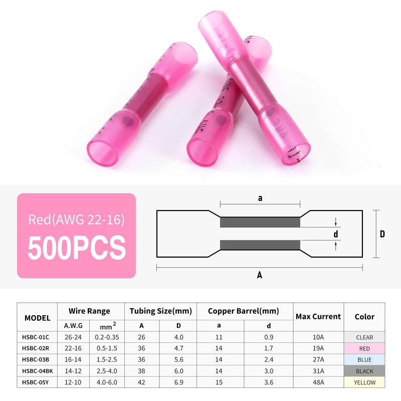 500PCS Heat Shrink Butt Wire Connectors 22-16 AWG, Insulated Waterproof Electrical Wire Connectors Automotive Marine Grade Wire Crimp Terminals Butt Splices, Ideal for Boat, Truck, Red Red 500 PCS