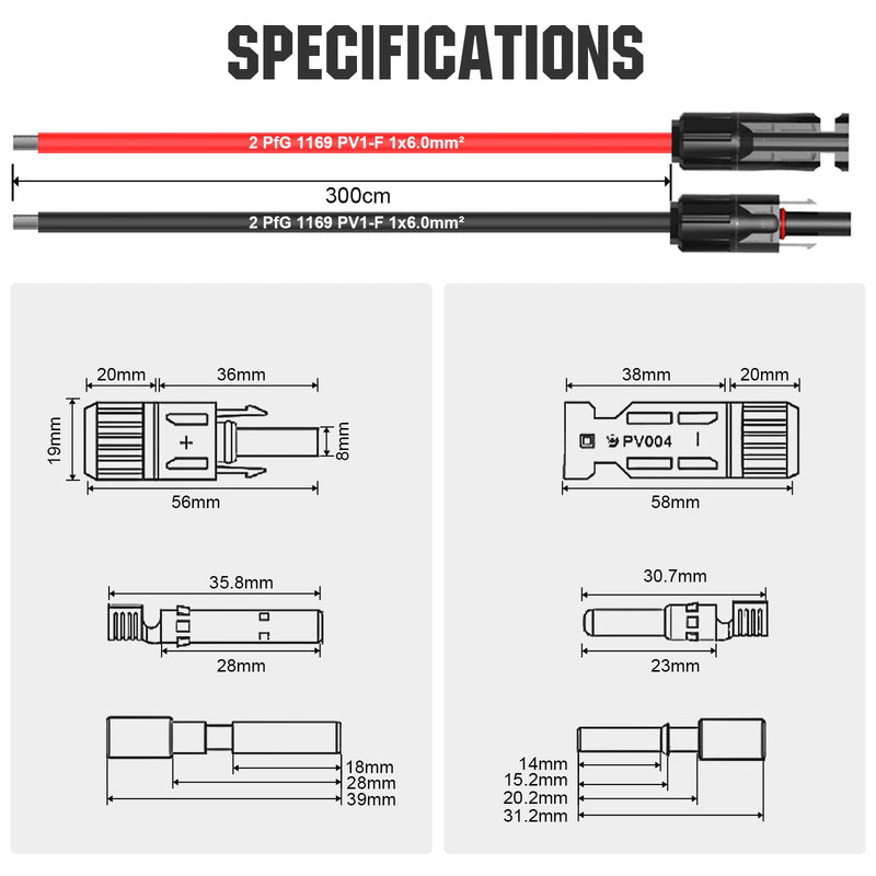 ECO-WORTHY 10FT 10AWG Solar Extension Cable 30A/1000V DC, IP67 Waterproof with Compatible Quick Connectors (Red+Black) for Solar Panels, Controllers, Off-Grid Systems