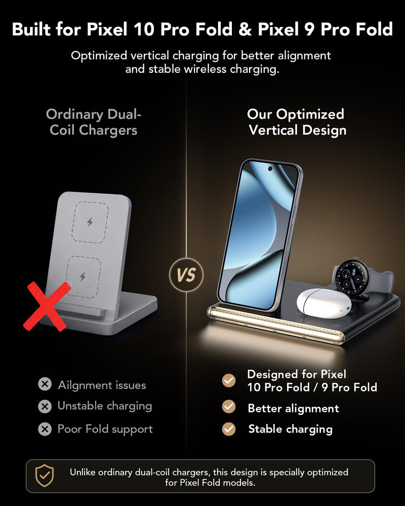 3 in 1 Foldable Wireless Fast Charging Station for Google Pixel Watch 4 | Google Charging Station for pixel 10, Travel Pixel Watch 4 Charger Stand, Light Nightstand Charging Dock (Only for Watch 4) Black