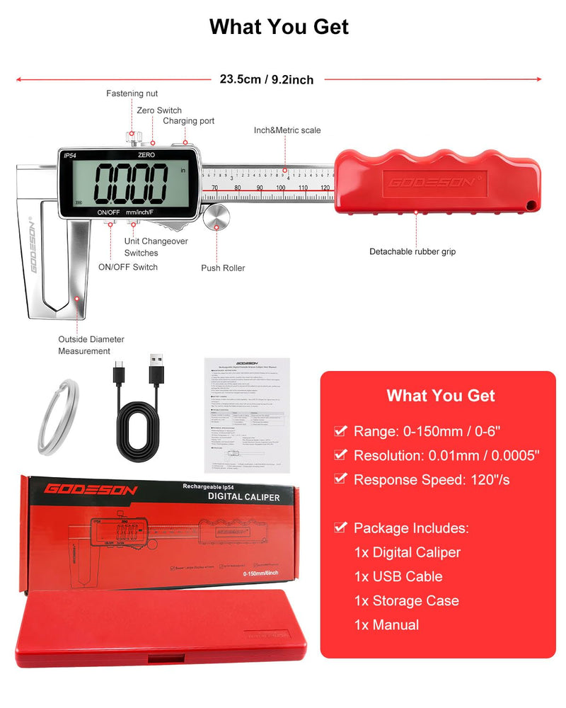 GODESON Digital Disc Brake Rotor Micrometer, 0-50mm/0-6 Rechargeable Brake Thickness Gauge, Digital Caliper MM/Inch/F Display, IP54 Waterproof, Stainless Steel for Auto & DIY