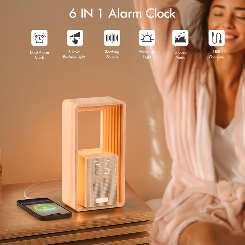 WILIT Digital Alarm Clock, Sunrise Alarm Clock with Nightlight, 9 Sleep Aid Sounds, White Noise Sounds Machine, Dimmable Display,USB Charging Port,Wood Grain Imitation,Gift for Women,Men,Travel Wood Grain
