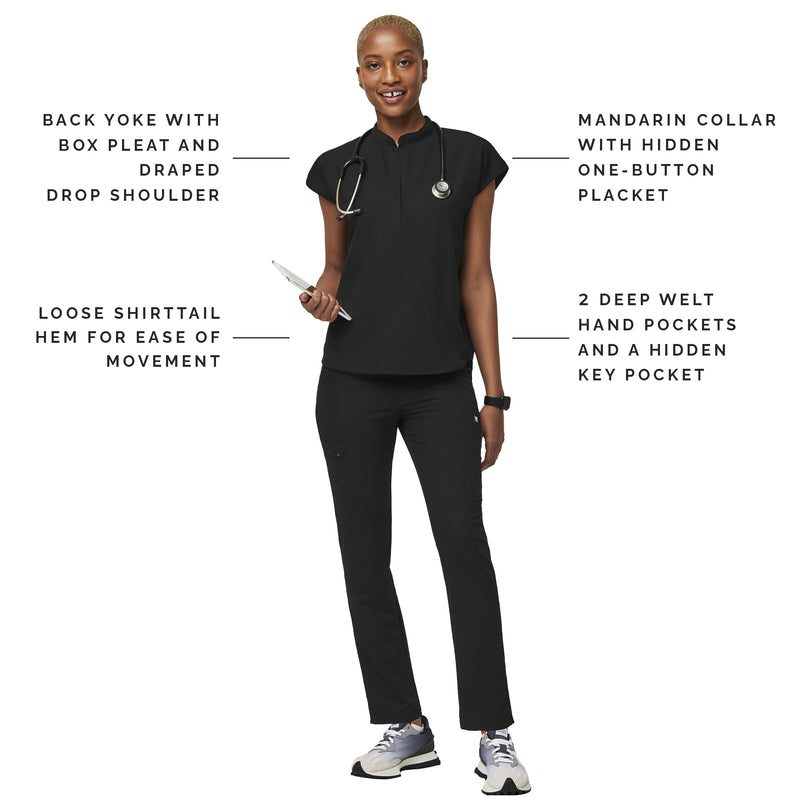 FIGS Rafaela Oversized Scrub Top for Women — Mandarin Collar, Shirttail Hem, 3 Pockets, 4-Way Stretch Small Black 3.0
