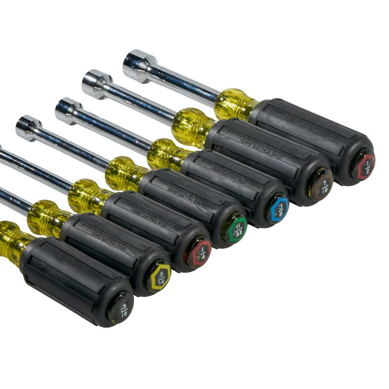 Klein Tools 631 Tool Set, Made in USA, Nut Driver Set w/Hex Nut Sizes 3/16, 1/4, 5/16, 11/32, 3/8, 7/16 and 1/2-Inch on 3-Inch Full Hollow Shaft, 7-Piece Non-Magentic