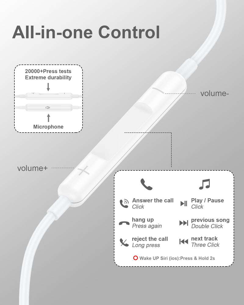3.5mm Aux Jack Earbuds, Wired Over Ear Buds with Microphone, in-Ear Headphones for Apple iPhone ipad EarPods for Computer Laptop Gaming Devices, Stereo Bass Earphones for MP3 PC Air Pods Samsung White