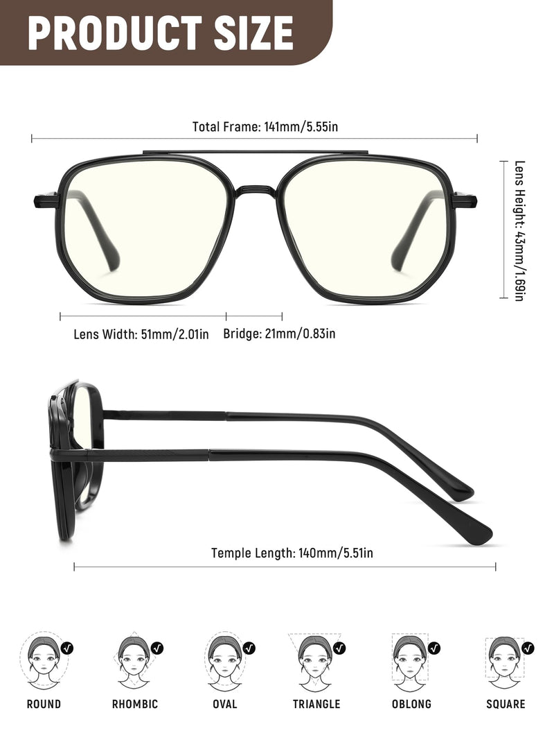 kimorn Blue Light Blocking Aviator Glasses for Women Men | Clear Lens, TR90 Metal Frame, UV400, Office Gaming Black