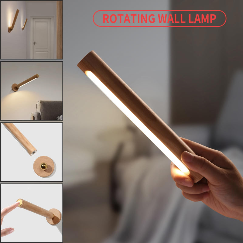 360° Rotatable Wooden Led Wall Lamp Magnetic USB Rechargeable Wall Sconces Battery Operated Led Night Light for Household (Beech Wood) Beech Wood 2PCS