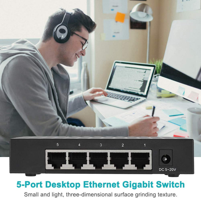 Sonew Gigabit Ethernet Switch, 5 Port Fast 10/100/1000Mbps Ethernet LAN Hub Network Gigabit Switch, Full/Half Duplex Adaptive Mode, Black(US Plug) US Plug