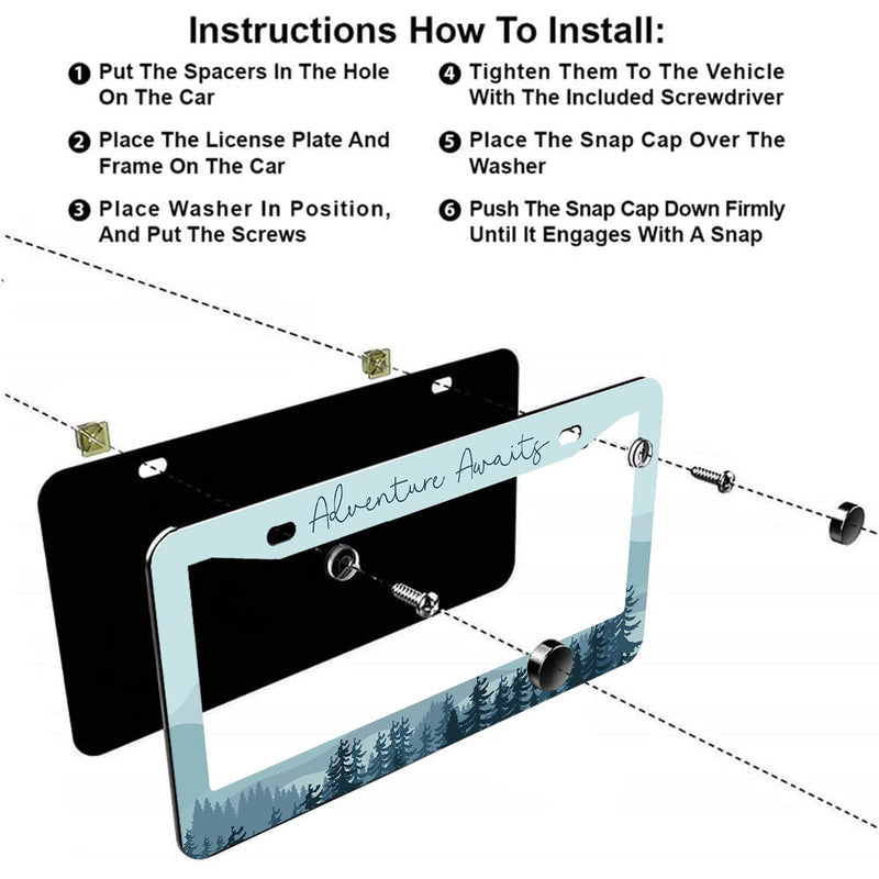 2Pcs Adventure Awaits License Plate Frames Cover Holders Stainless Steel License Plate Cover with Screw Caps Cover and Screwdriver Set - 2-Hole for Girl Women (Adventure Awaits)