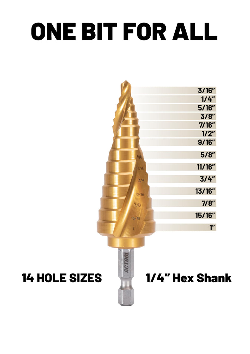 Industrial HSS Step Drill bit 3/16''-1'' with 1/4'' Hex Shank, Unibit Double Spiral Flute with TiN Coating for Metal, Stainless Steel, Aluminum, Plastic 3/16''-1''