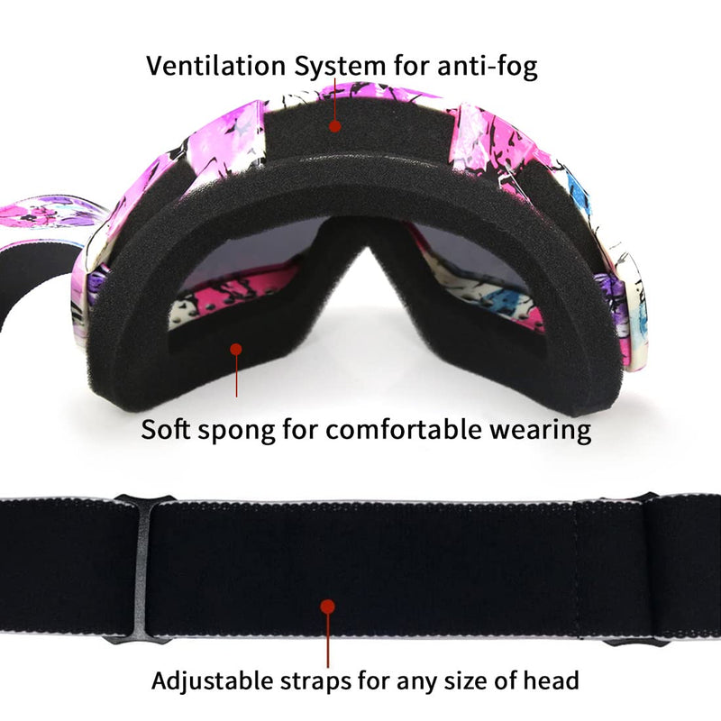 JAMIEWIN Motocross Goggles ATV Dirt Bike Motorcycle UTV MX OTG Offroad Riding Goggles Anti UV Dustproof Anti Fog Racing Skiing Goggles for Men Women Youth Kids Camo Pink Frame + Color Lens