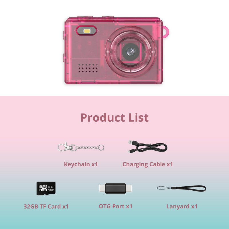Y2K Mini Pink Keychain Camera, 1080P HD & 2MP, 32GB Card | 5 Filters & Flash, 0.96" Display, OTG Adapter for Android, Mini Wearable Pendant for Travel/Vlog/Night Shots, Ideal Gift