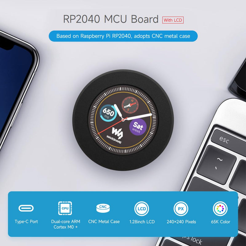 Waveshare RP2040 MCU Board, with 1.28inch Round LCD, Accelerometer and Gyroscope Sensor, with CNC Metal Case