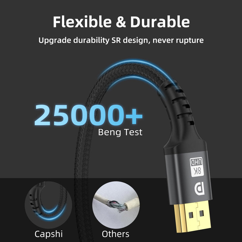 8K Displayport Cable 6ft 1.4 Cable - High Speed DisplayPort [8K@60Hz, 4K@144Hz, 2K@240Hz] Supports 32.4Gbps,and is Used for HDR, FreeSync G-Sync, Gaming Monitor PC TV Graphics