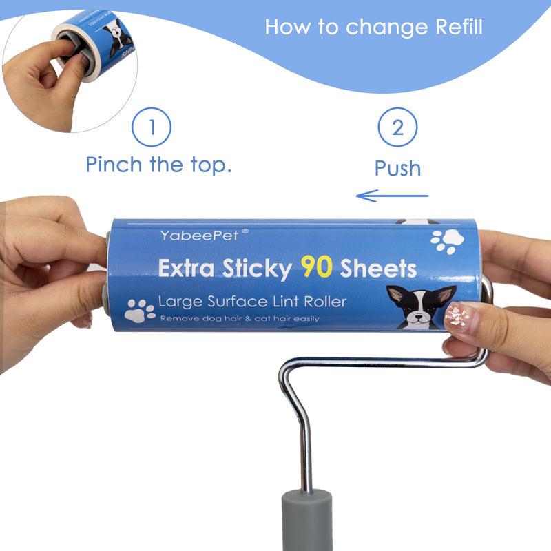 Extreme Sticky Large Surface Lint Roller, Long Handle Pet Hair Remover, Designed for Removing Pet Dog Cat Hair 90 Sheets per Roll, 6.3 inch Width (1 Roller+2 Refills) 1 Roller + 2 Refills