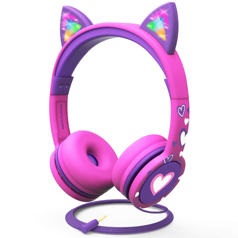 FosPower Kids Headphones with LED Cat Ears (Safe Volume Limit 85 dB), 3.5mm On-Ear Wired Headphones with Laced Tangle-Free Cables for Boys/Girls/School/Travel - Hot Pink/Purple Hot Pink / Purple