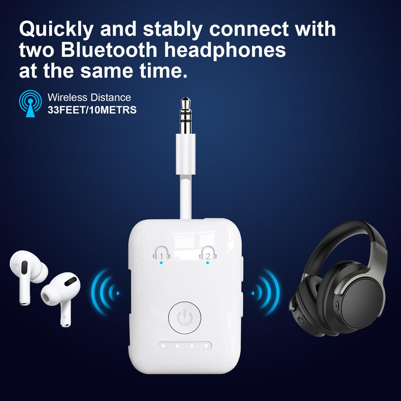 Premium Bluetooth 5.4 Airplane Audio Adapter, 30Hrs Playtime, aptX Adaptive & HD Audio Transmitter for AirPods/Bose, Supports 2 Headphones for Travel Flight & TV White