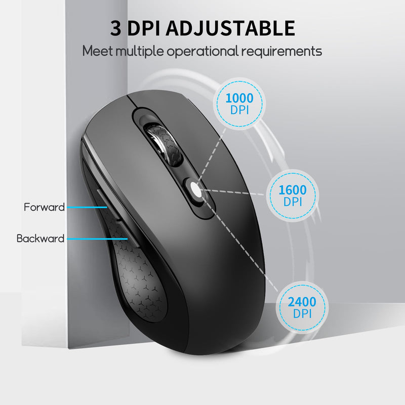 Ergonomic Wireless Optical Mouse Compatible with PC Laptop Mac Chromebook, 6 Button Silent Click Mouse with Side Button, USB Portable Mouse Adjustable DPI - Black