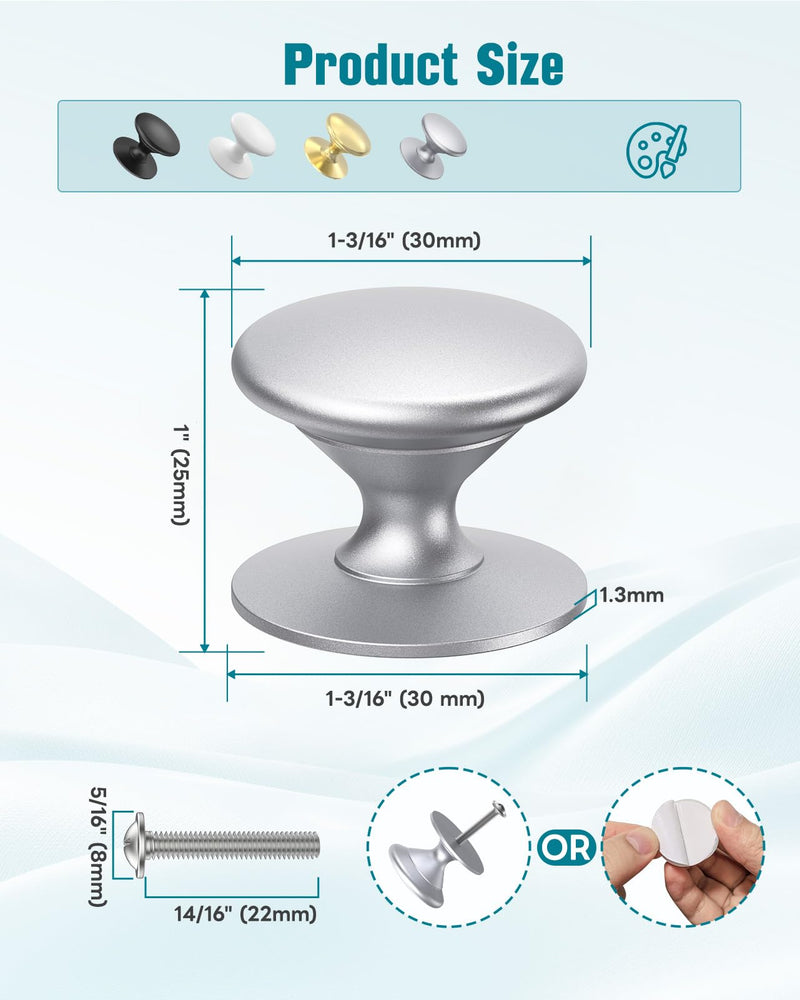 Self-Stick Cabinet Knobs, Aluminum Alloy Self-Adhesive & Drill-Mount Drawer Pulls for Kitchen Cabinets, Cupboards, Dressers, Closets, Sliding Glass Doors - Screws/Stick Install (8, Silver) 8
