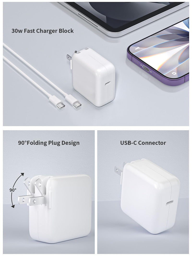 Mac Book Air Charger,Apple 30W USB C Power Adapter With 10FT USB C-C Cable, Foldable Block Macbook USB C Charger Fast Charging for Macbook Air M5/M4/M3/M2/M1,iPhone 17 Pro Max/16 Pro/15, iPad/Air/Mini