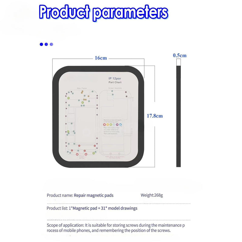 15 in 1 Magnetic Screw Position Memory Pad Set for iPhone 6 6P 6S 7 7P 8 8P X XS Max XR 11 11pro 11pro max Repair 1pcs Magnetic Screw Mat and 15pcs Phone Part Chart Assembly Assistant Tool Mat Maps