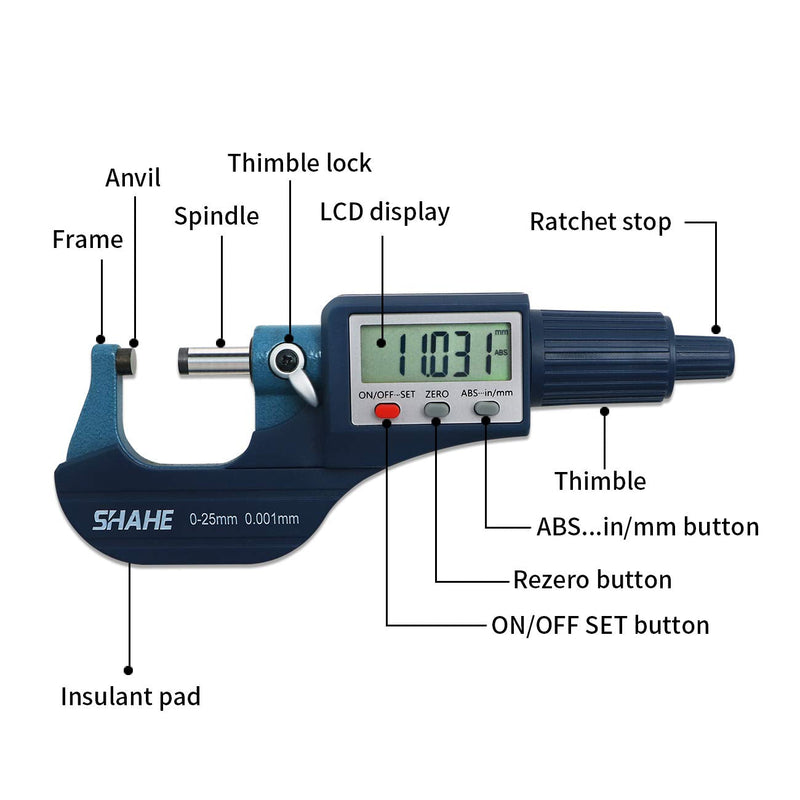 SHAHE Digital Micrometer 0-25mm / 0-1" Metric & Inch, 0.00005" Resolution, 0.0001" Accuracy