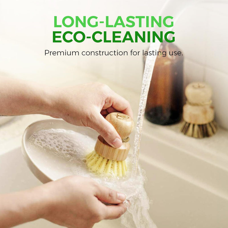 Bamboo Dish Brush Set of 3-100% Plastic Free Kitchen Scrubber with Medium Stiff Sisal and Strong Blend of Coconut Bristles - Non Scratch, Odor Free Wood Scrub for Pots, Pans and Vegetables 3 Pack