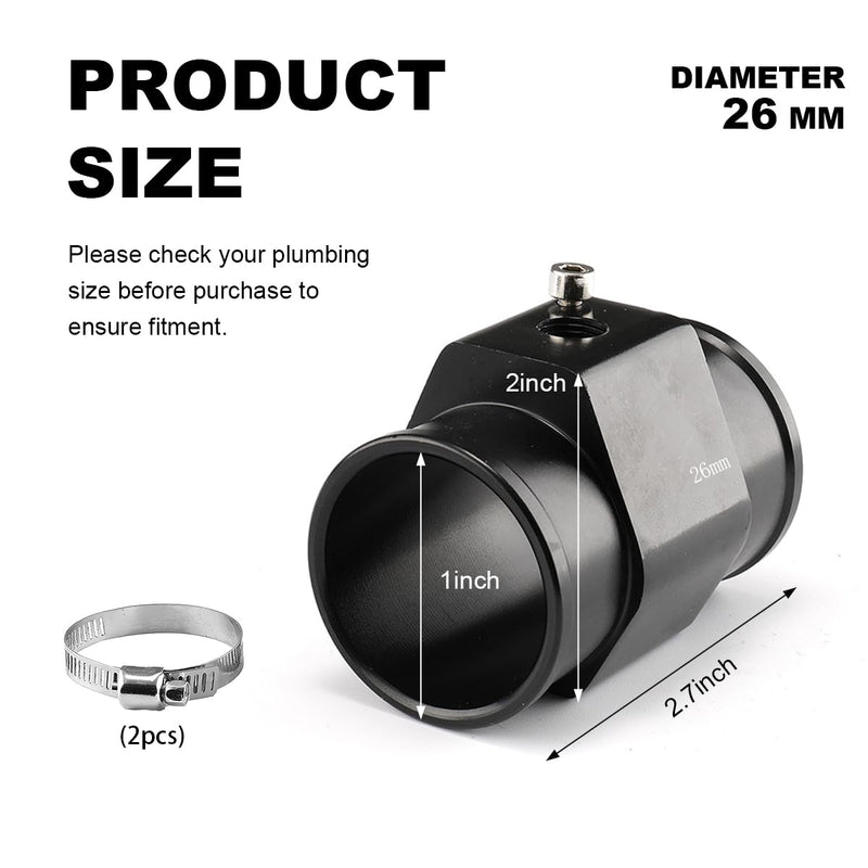 Water Temp Joint Pipe, 26mm Aluminum Radiator Sensor Adapter with 2 Hose Clamps, Universal Water Temp Meter Temperature Gauge Joint Pipe Adapter Connector, Car Accessories