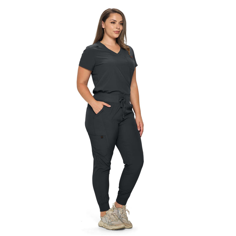 Monarch Uniforms Slim Fit Stretchy Scrubs Women's Jogger Scrub Set Slim Jogger Scrubs with Tuck-In Top for Women Black Medium Regular