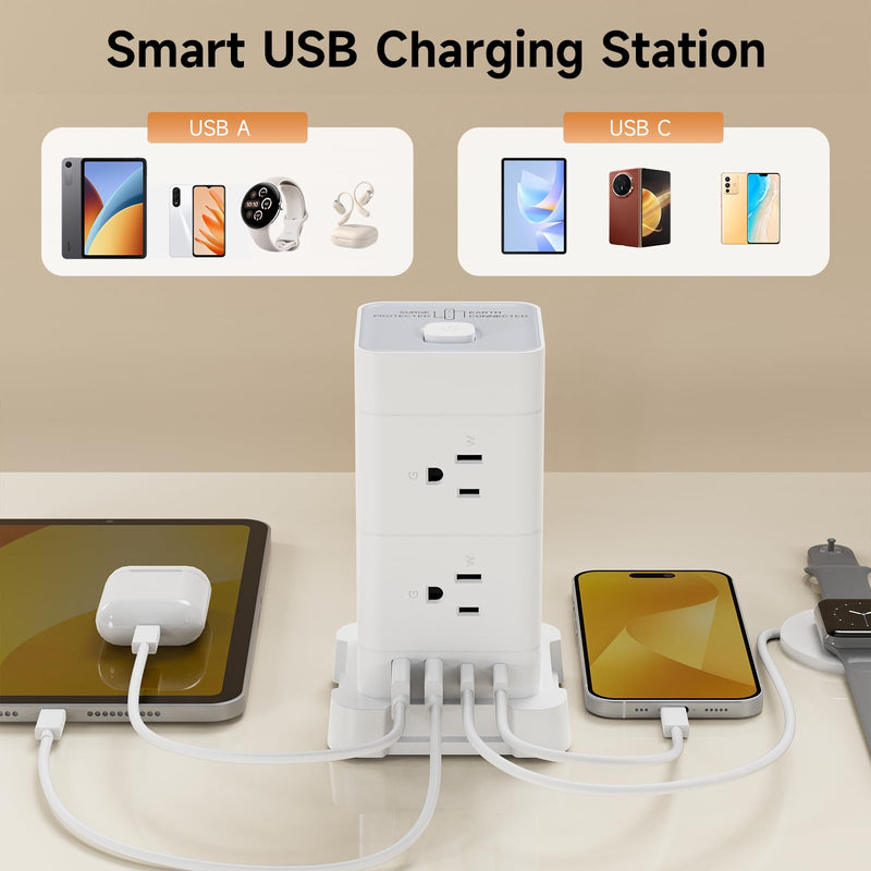 Power Strip Tower with 8 AC Outlets 4 USB Ports (2 USB-C), Surge Protection 3M Extension Cord Flat Plugs Charging Tower for Home Office Desk, White