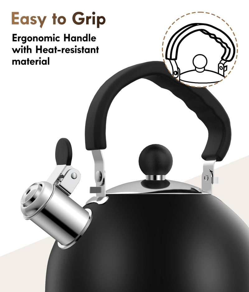 Premium Stainless Steel Tea Kettle for Stove Top - 2 Quart Classic Stovetop Teapot, Loud Whistle Kettle with Ergonomic Handle - Ideal for Hot Water & Tea,Coffee & Kitchen Decor(black) Black