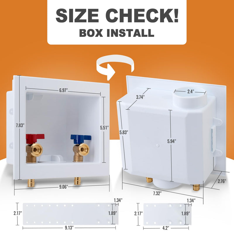 SUNGATOR Pex A Washer Box, 1/2 Inch Pex A Expansion Inlet x 3/4 Inch MHT Outlet, Washing Machine Laundry Outlet Box with Brass Valves Installed and 4 Expansion Rings