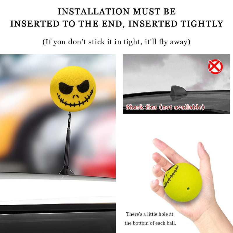 4 PCS Car Antenna Toppers, Funny Halloween Skull Spooky Smile Car Antenna Areial Balls, Skull Smile Face Antenna Topper Exterior Decor Doll for Most Vehicles, Car Accessories