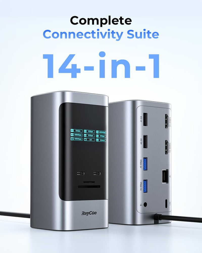RayCue 14 in 1 Docking Station Dual Monitor, 2 * 4K HDMI, 6 USB Ports, 5 Shortcut Button, 1Gbps Ethernet, PD3.0(No Power Adapter), Laptop Docking Station for Dell/HP/Lenovo/Asus/Acer/Mac