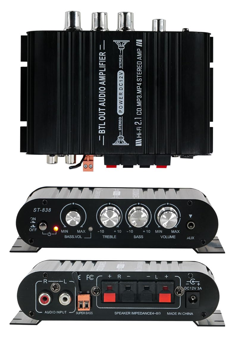 Stereo Audio Amplifier, Mini HiFi 2.1 Bluetooth Stereo Bass Car Home Audio Power Amplifier, Professional Digital Amp for Use on Your Carrier or at Home (Black) (Black) Black