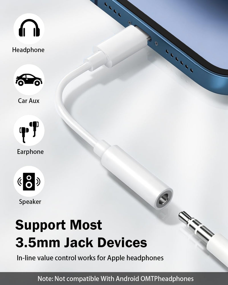 [Apple MFi Certified] Lightning to 3.5mm Headphone Jack Adapter for iPhone | Clear Audio for Music and Media; Compatible with iPhone 14/13/12/11/X/XS/8/7; Compact White 3-Pack, Plug and Play. 3 Pack