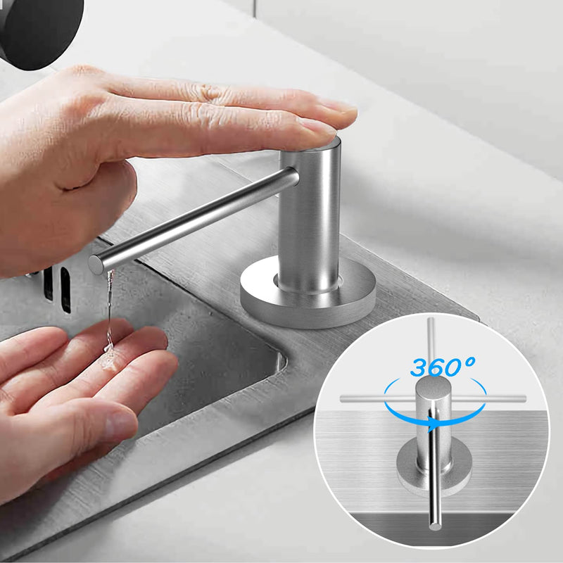  [AUSTRALIA] - Long Spout Kitchen Sink Soap Dispenser for Granite & Quartz Countertop - Brushed Nickel Stainless Steel Finished - Wide Flange Provides Great Coverage on American Standard Sink Holes 14.25 inches Brushed Stainless Steel
