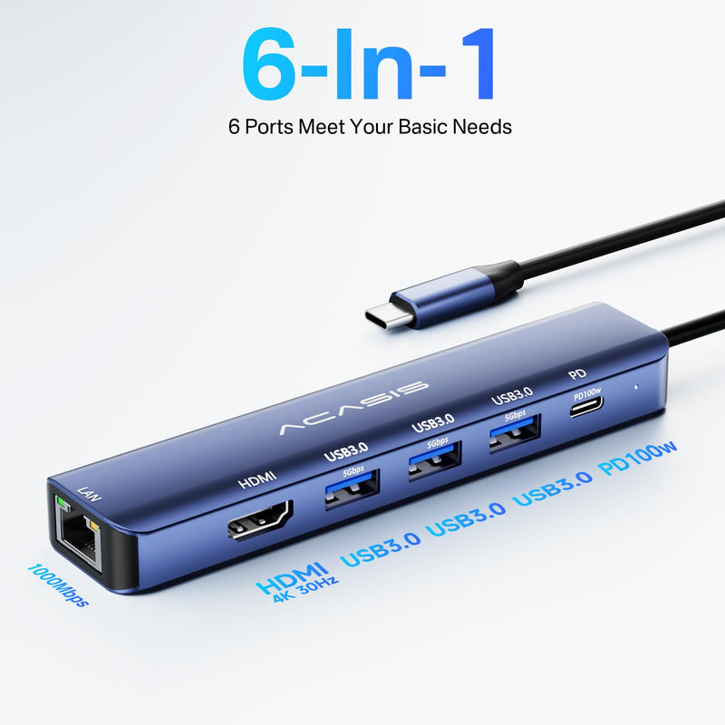 USB C Hub, ACASIS 6 in 1 USB Hub 3.3FT Long Cable, 4k@60Hz HDMI, 1 Gbps Ethernet, 3 USB 3.0, PD 100W, USB C Adapter for iPhone 15/ MAC/Dell/Acer/HP/Asus/Steam Card Sets