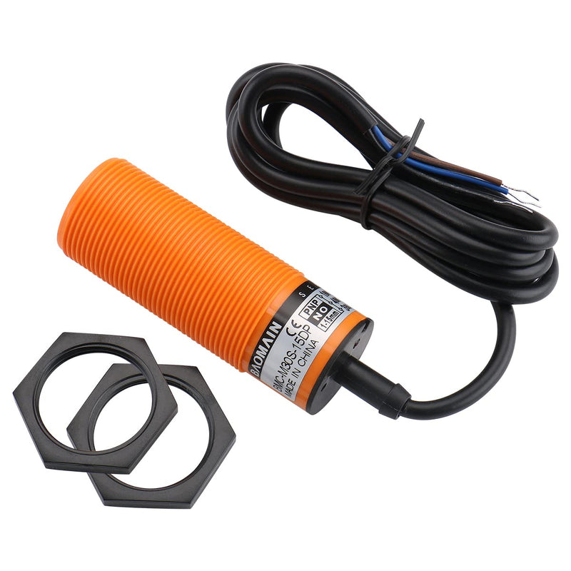 Baomain Capacitive Proximity Sensor, Cylindrical M30 Plastic, Sn 15 mm, 3-Wire PNP Output, VDC Input, NO Contacts, Cable 2 mm BMC-M30S-15DP