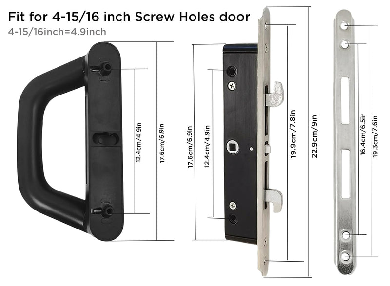 Sliding Patio Door Handle with Mortise Lock and Keys, Key Cylinder and Keeper, 4-15/16" Hole Spacing, Reversible Design(Non-Handed), 4 15/16 Glass Door Replacement Handle Lock, Need to Drill (Black) Black