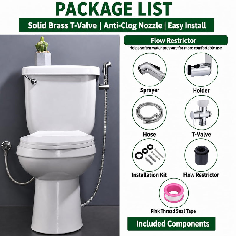 Handheld Bidet Sprayer for Toilet with 7/8-Inch Flow-Control Brass T-Valve, Anti-Clog Chrome-Finish Spray Head and 47-Inch Stainless Steel Hose for Personal Hygiene, Feminine Care and Toilet Cleaning