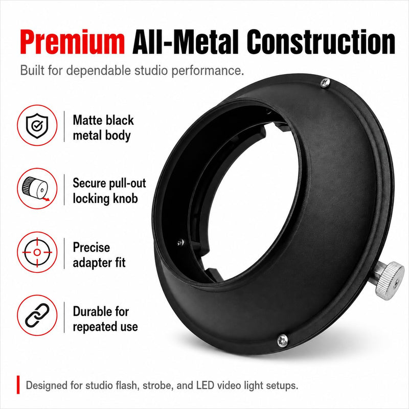Balcar to Bowens Mount Adapter Ring for Studio Lights | Converts Balcar speedring lights to Bowens mount modifiers with a secure quick-release locking system.