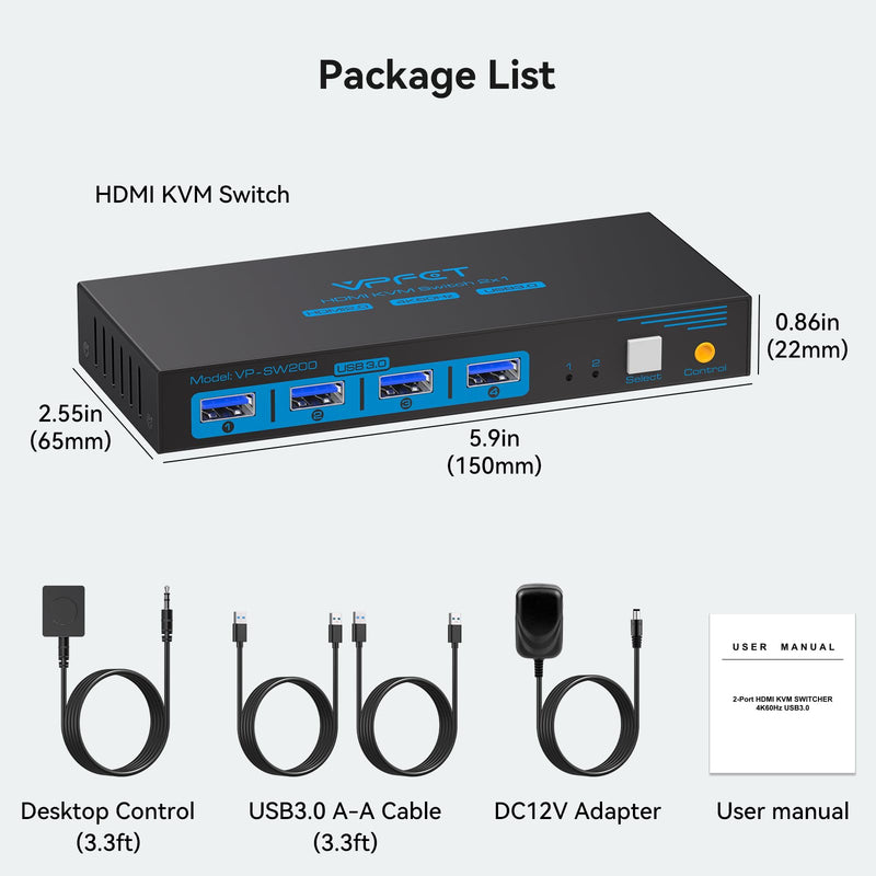 USB 3.0 HDMI KVM Switch 1 Monitors 2 Computers 4K60Hz KVM Switches 2 Ports for 2 PC Share Single Monitor and Keyboard Mouse Printer with Desktop Controller and 2 USB Cables Deep Blue 2 PC 1 Monitors