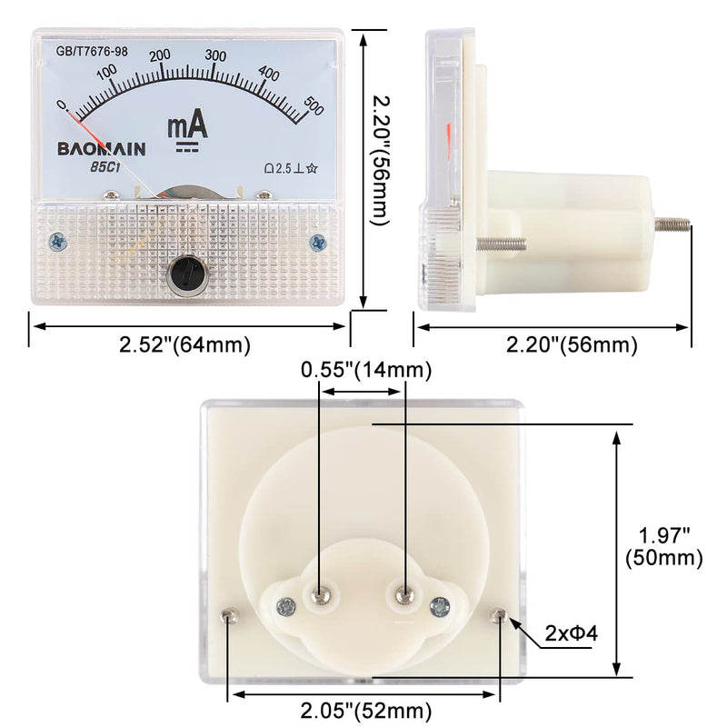 Baomain Analog Ammeter 85C1 DC 0-500mA Micro Amp Gauge Current Measurement Panel Meter