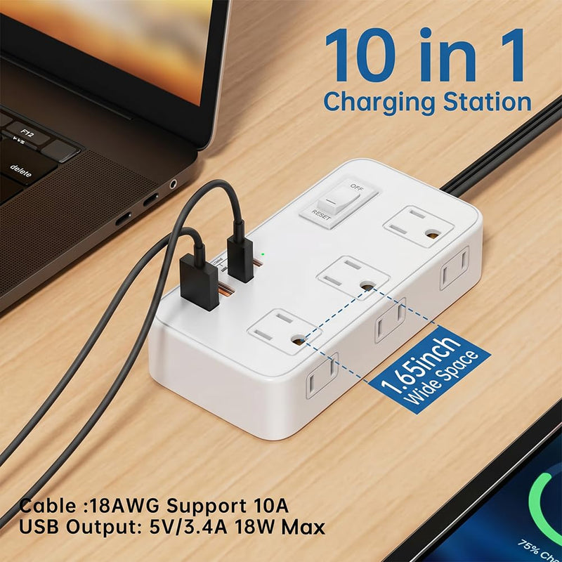 Power Strip with Surge Protector, Outlet Extender,6 AC, 2 USB A,2 USB C Port for 17W Power Strip Charger 5ft Power Cord 1875W 100-250V for Home, Office, Dorm Essential,White