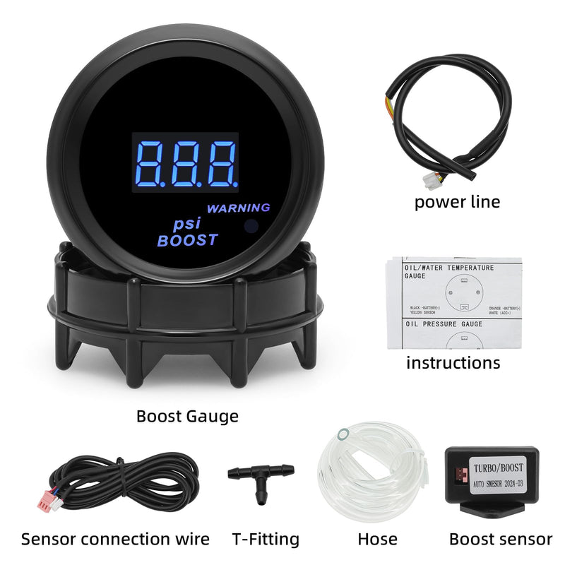 ARTILAURA 2" 52mm Boost Gauge 30 PSI Digital Blue Turbo Boost Sensor Kit with Hose & T-Fitting for 12V Universal Car Auto