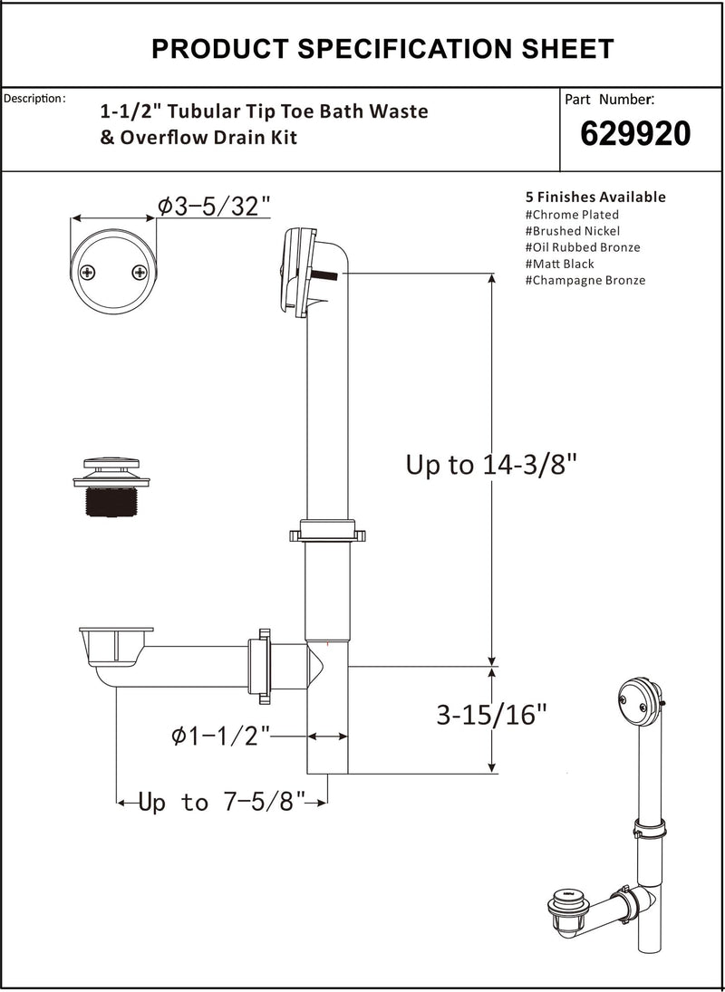 Artiwell 1-1/2'' Black Tubular Bath Drain Kit with Tip-Toe Bath Drain Stopper & Overflow Plug, Champagne Bronze