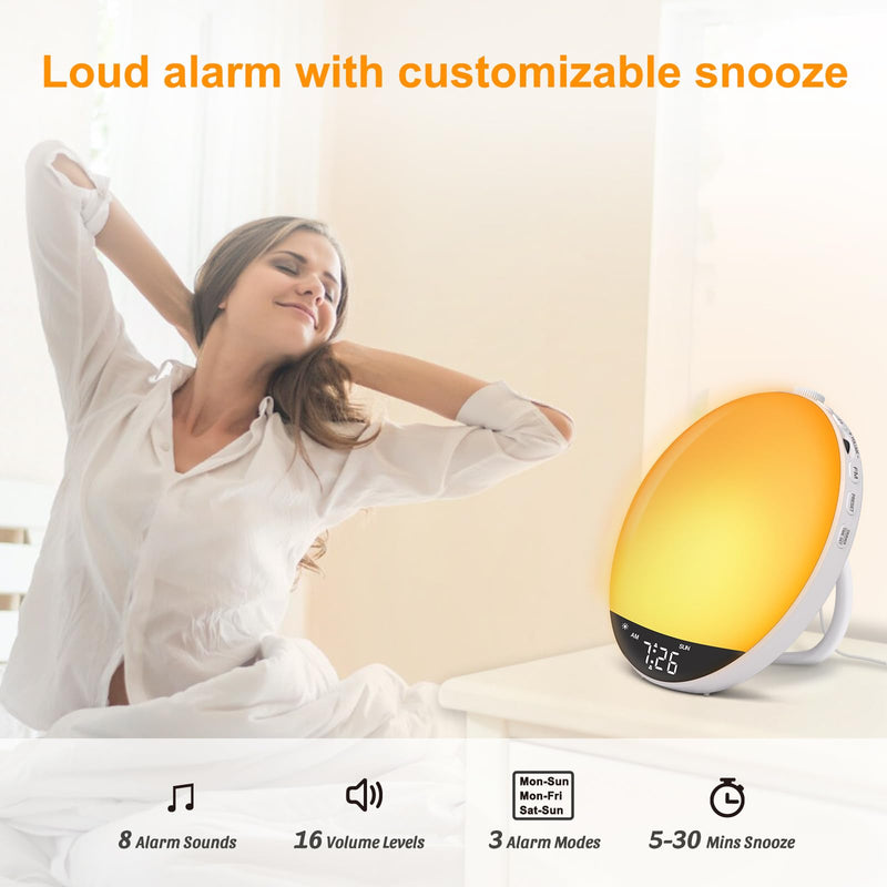 DreamSky Sunrise Alarm Clock Radio for Bedroom - Wake up Light Alarm Clock for Kids Heavy Sleepers Adults, Digital FM Radio with Bluetooth Speaker, Volume Control, Dimmable RGB Night Light, Timer