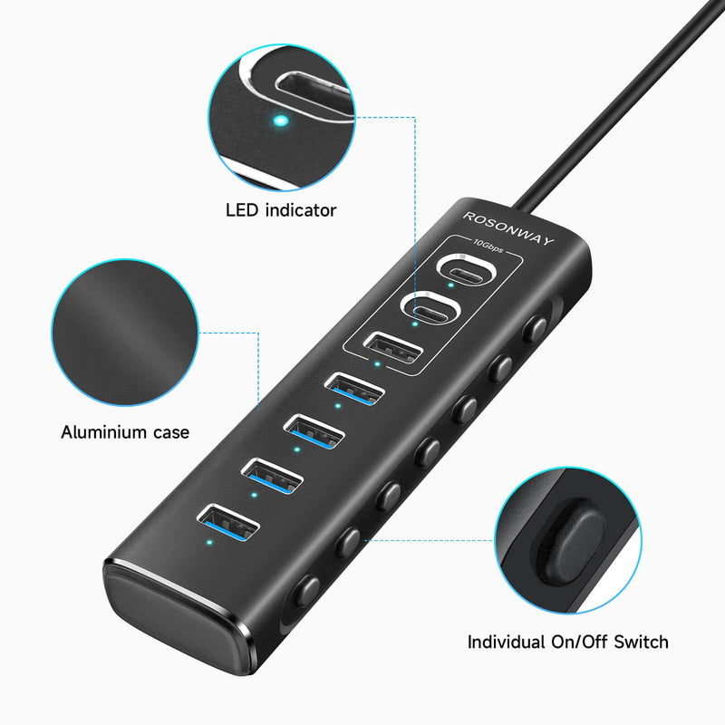 Powered USB Hub, Rosonway 7-Port USB 3.2/USB C Hub with 10Gbps USB-A 3.2, 2 USB-C 3.2, 4 USB 3.0 Ports, Individual Switches and 12V Power Adapter, Aluminum USB Port Expander for Laptop/PC, RSH-A107C